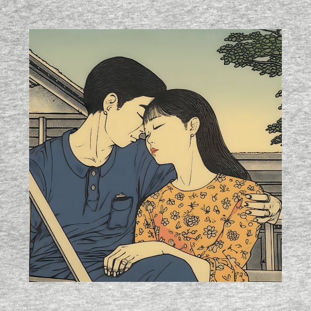 Pretty Asian Couple Hugging and Kissing on the Bench by KOTYA